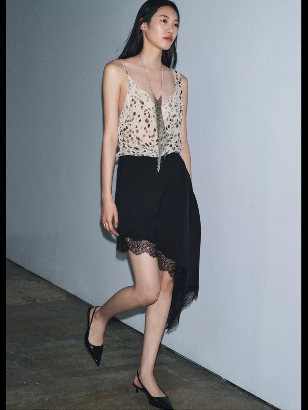 Zara Black Asymmetrical Lace-Trim Skirt